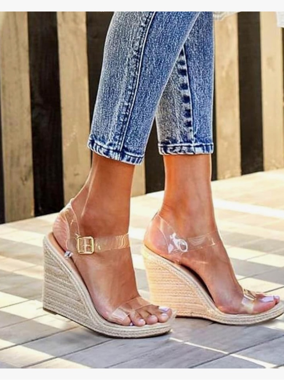 Clear Strap Espadrille Wedge Sandals - Nude